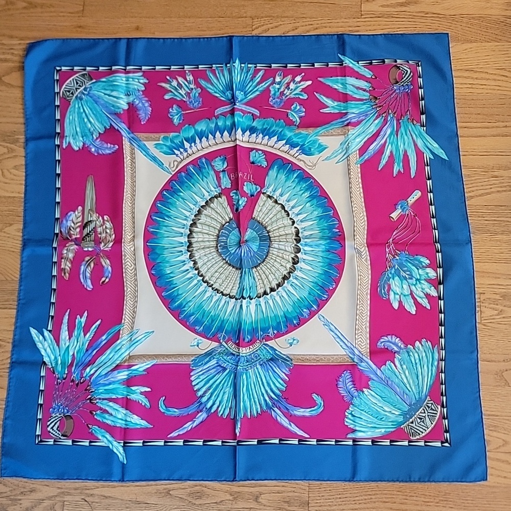 Hermes Scarf Brazil 90 cm Square Silk Blue designed by Laurence Bourthoumieux.